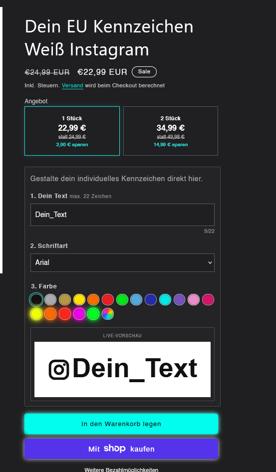 EU Custom Kennzeichen – Live-Konfigurator für Wunschtext, Schriftart und Farbe