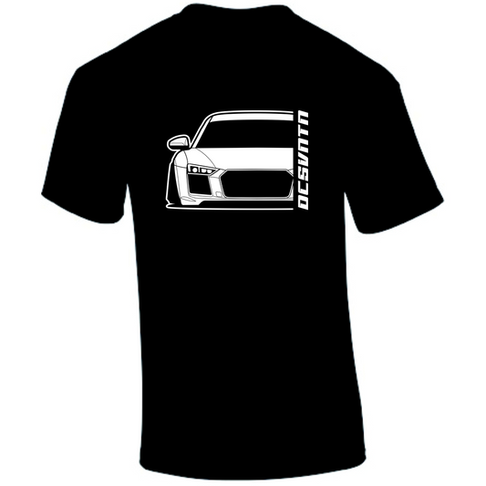 Audi R8 V10 T-Shirt Vorderseite mit Schriftzug, schwarzes Car Shirt Design