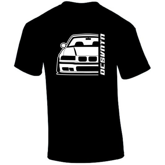 BMW E36 T-Shirt Vorderseite mit Schriftzug, schwarzes Car Shirt Design