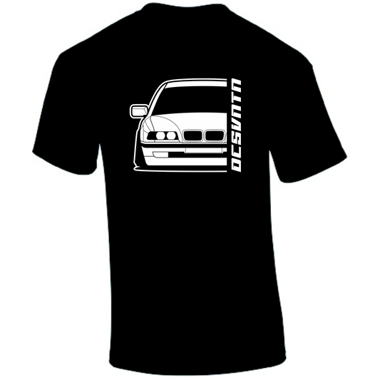 BMW E38 T-Shirt Vorderseite mit Schriftzug, schwarzes Car Shirt Design