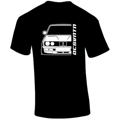 BMW E28 5er T-Shirt Vorderseite mit Schriftzug, schwarzes Car Shirt Design