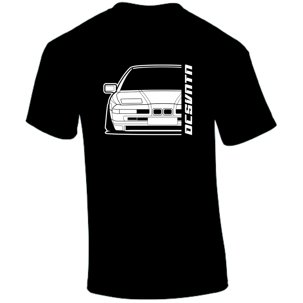 BMW E31 8er T-Shirt Vorderseite mit Schriftzug, schwarzes Car Shirt Design