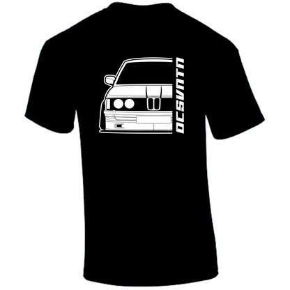 BMW E21 T-Shirt Vorderseite mit Schriftzug, schwarzes Car Shirt Design