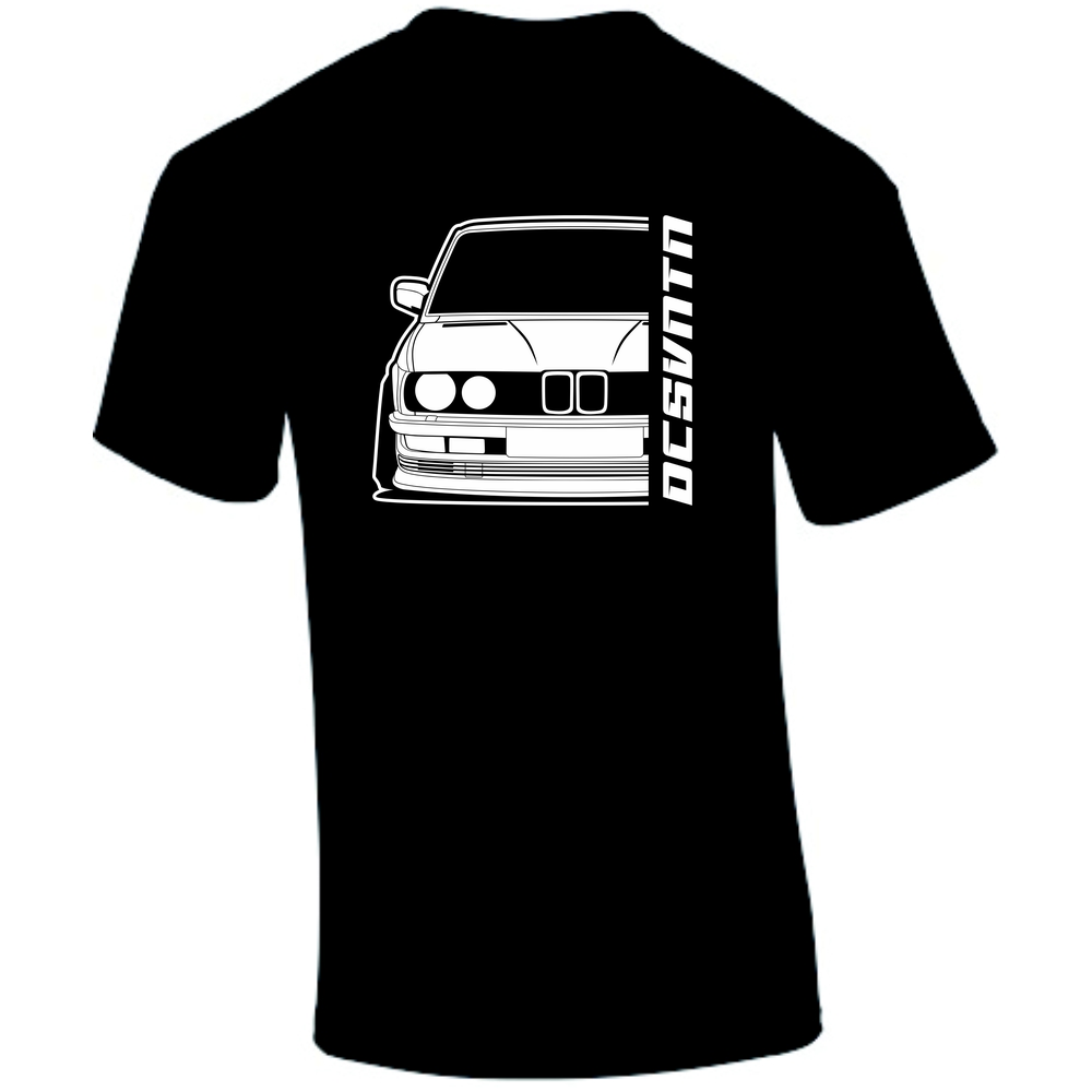 BMW E28 5er T-Shirt Vorderseite mit Schriftzug, schwarzes Car Shirt Design