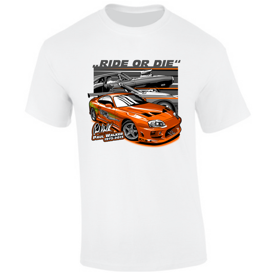 CP-009 Ride Or Die Paul Walker Supra Orange – weißes T-Shirt