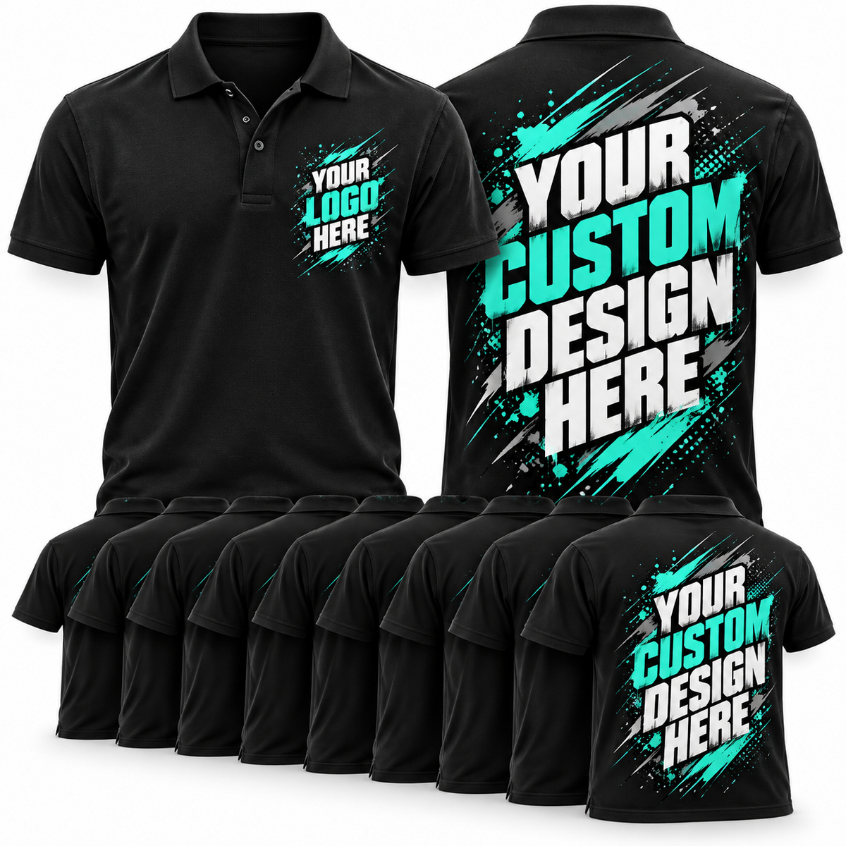 Event-Poloshirts in Schwarz – individuelle Front- und Rückenprint-Beispiele als 10er-Paket