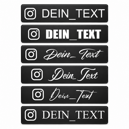 EU Custom Kennzeichen schwarz matt mit Instagram-Wunschtext am Fahrzeug