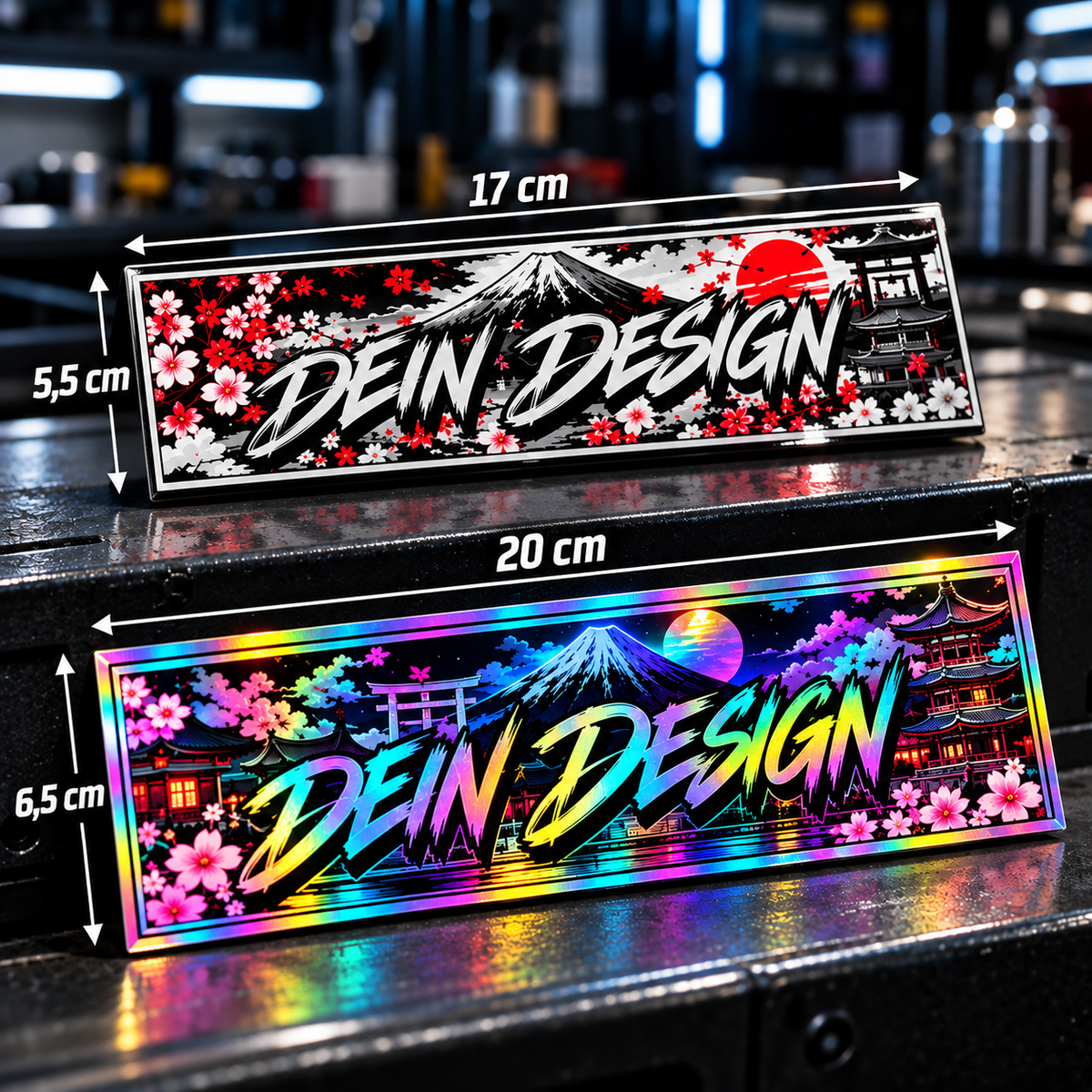 Zwei individuelle rechteckige Slapsticker – Weiß glänzend und Neo Chrom, Größen 17 × 5,5 cm und 20 × 6,5 cm