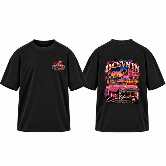 DCSVNTN TC-001 Flamingo Cadillac Sedan DeVille – schwarzes BY102 Oversize-Shirt vorne und hinten