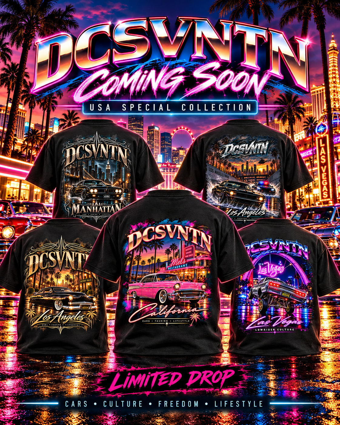 DCSVNTN USA Special Collection mit fünf T-Shirt-Motiven vor einer Neon-Kulisse